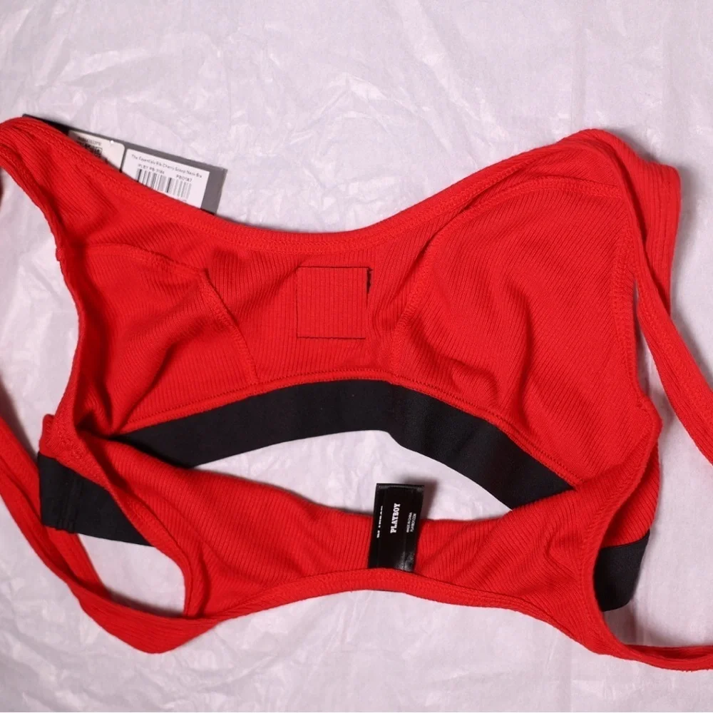 🅽🅴🆆 𝐏𝐋𝐀𝐘𝐁𝐎𝐘 Essentials Rib Scoop Neck Bra, red bralette, size Small